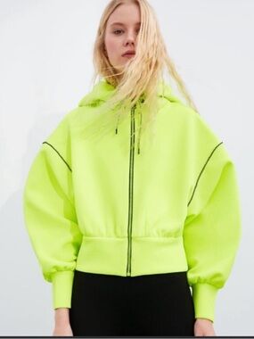 Zara Neon Lime Zip-Front Bomber Hoodie Jacket